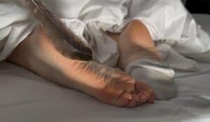 Restraint, feet, tickling, playful, woman, bed, white shirt.