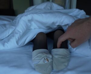 POV cute and genuine feet tickling moment in black pantyhose